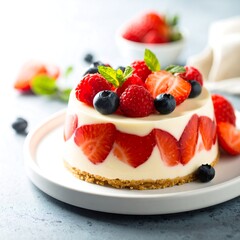 Small, creamy dessert topped with fresh berries