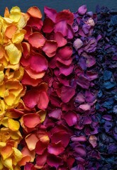 A striking, close-up photograph features a gradient of dried rose petals arranged in a rainbow spectrum. The petals transition from vibrant yellow at the left, through orange, red, magenta, 