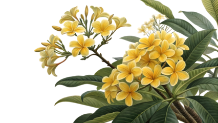 Detailed Botanical Illustration of Delicate Yellow Plumeria Flowers and Lush Green Leaves on white background, png file 