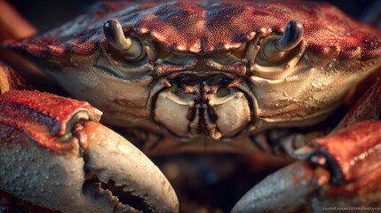a large crayfish from the side, with its reddish orange shell and legs. its claws are visible in front of it, showing their size and the rough texture on the tips