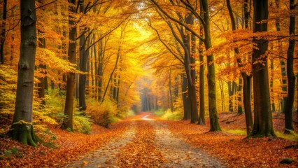 Autumnal Pathway Through a Golden Canopy of Trees, Leading to a Serene and Mystical Forest Interior