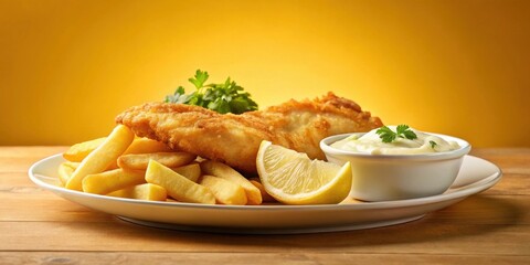 A delectable plate of crispy fried fish served with golden-brown potato fries, a refreshing lemon wedge, and a dollop of creamy tartar sauce, all presented on a rustic wooden table.