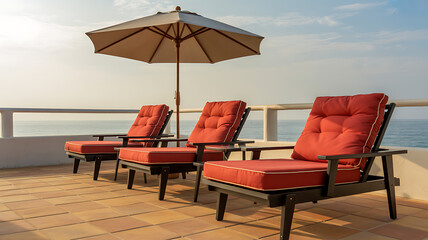 Beachside Terrace with Lounge Chairs and Umbrella
