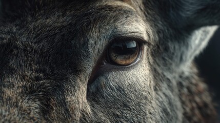 a close up of an animal with a prominent eye staring into the camera. the background is blurred, emphasizing the animal's face