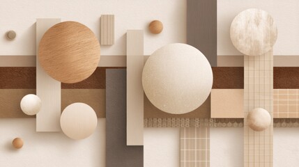 A minimalist, abstract composition features a layered arrangement of geometric shapes and spheres against a neutral, textured background. Rectangular panels in shades of beige, brown, 