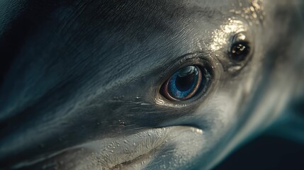 Fototapeta premium a close up of an oceanic white tip shark's face, with the shark looking directly at the camera through its eye socket