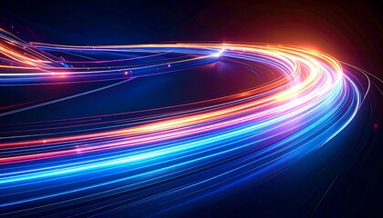 Abstract digital artwork featuring a dynamic swirl of luminous streaks in vibrant blues, oranges, and reds against a dark backdrop