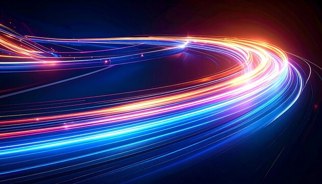 Abstract digital artwork featuring a dynamic swirl of luminous streaks in vibrant blues, oranges, and reds against a dark backdrop