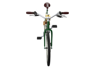 Isolated vintage-style motorized bicycle in vibrant green, featuring an installed engine conversion kit and retro brown leather seat. Detailed 3D model PNG with transparent background for classic