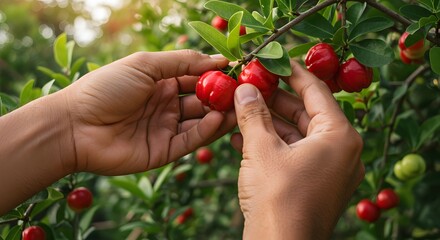 A close-up shot of hands gently picking ripe, red cherries from a tree branch