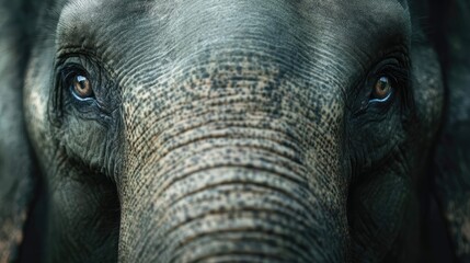 an elephant with a contemplative expression, its long trunk slightly curved upwards, against a backdrop that appears to be a natural environment
