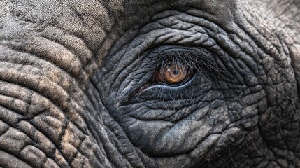 this is an up close photograph of an elephant's face, showing its wrinkled skin, large eye, and tusk