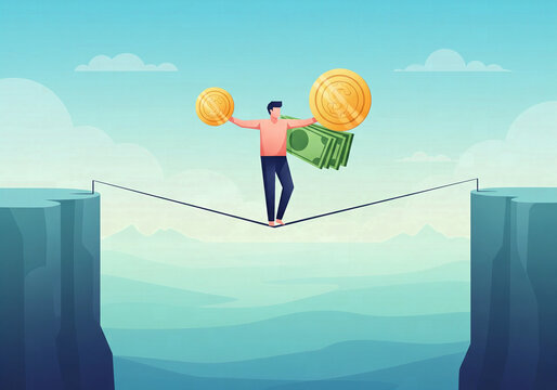 An illustration of a man balancing on a tightrope while holding money, representing financial risk