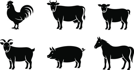 Farm animal silhouette vector illustration, rooster, cow, sheep, goat, pig, horse, livestock icon, agriculture design, domestic animal artwork