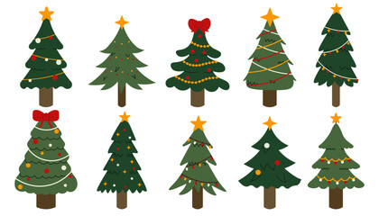 Flat style illustration of decorated Christmas trees with ornaments, garlands, and stars, ideal for holiday cards, festive designs, and seasonal creative projects