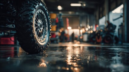 Focused shot of a quad bike wheel being cleaned in a busy service bay with detailed reflections on the tire contrasted against a blurred workspace backdrop.
