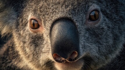 an adult koala, with its distinctive facial features visible. the koala's eyes are open and looking directly at the camera, giving a sense of connection between the viewer and the animal