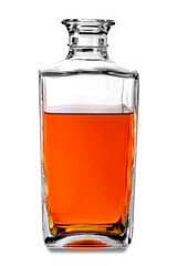 Stylish whiskey bottle, glass decanter di whisky or rum isolated