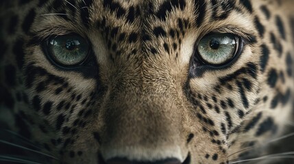 Naklejka premium the image is a close up photograph of a leopard's face with striking eyes looking directly at the camera. the leopard has a detailed fur pattern that is characteristic of its species