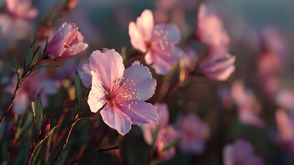 Close-up of delicate pink flowers with soft lighting.