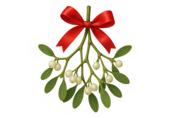 Sprig of mistletoe with red bow and transparent background for christmas decoration