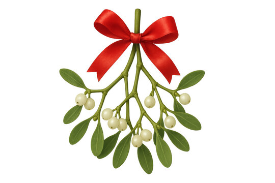Sprig of mistletoe with red bow and transparent background for christmas decoration