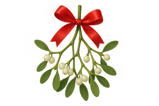 Sprig of mistletoe with red bow and transparent background for christmas decoration