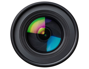 Close-Up Camera Lens Front View with Multicolored Reflections, Transparent Background