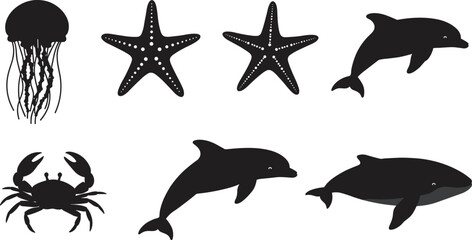 Sea animals, ocean silhouette, dolphin vector, starfish icon, jellyfish shape, crab symbol, whale design, aquatic life, marine illustration, underwater