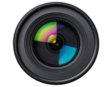 Close-Up Camera Lens Front View with Multicolored Reflections, Transparent Background