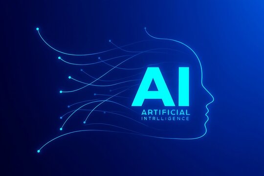 Abstract digital representation of artificial intelligence in the form of a human head silhouette with glowing ai text
