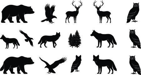 Wildlife animal silhouettes, bear, wolf, deer, eagle, owl, forest tree illustration, nature vector, wilderness design, woodland creatures art