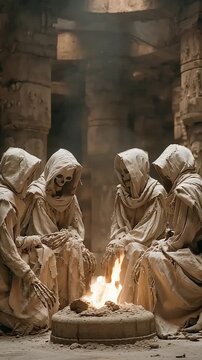 Ancient skeletal monks in tattered hooded robes gathered around a glowing ritual fire inside a crumbling stone temple