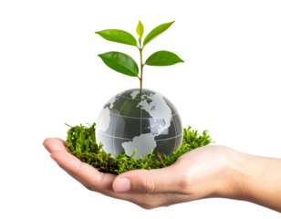 Human Hand Holding Mini Globe with Tree Sapling and Moss, Front View, Transparent Background