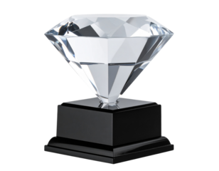Diamond-Shaped Glass Trophy on Black Base, Angled Perspective, Transparent PNG
