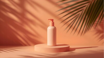 Minimalist Skincare Bottle on Pedestal with Tropical Shado