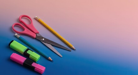 Closeup of pinkhandled scissors pencils and highlighters against a gradient background
