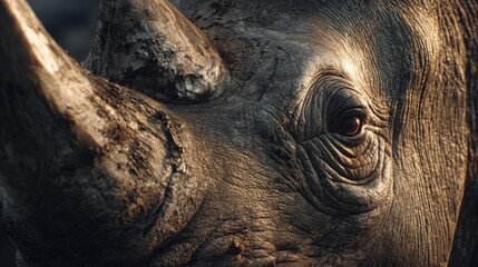 an animated rhino in a close up view with its mouth partially open. the rhino's skin texture appears realistic with visible lines and patterns, suggesting a textured material like metal or stone