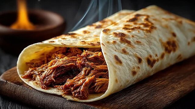 Authentic street food burrito with slow cooked pulled pork fresh herbs and spicy red peppers wrapped in tortilla