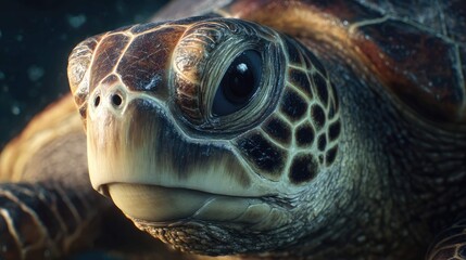 an image captures a close up view of a sea turtle in an underwater environment, with its eyes looking upwards towards the camera