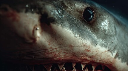 Obraz premium an intense close up of a shark's head with its mouth open, revealing sharp teeth against a blurred background