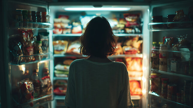 late night food scene woman grabbing unhealthy snacks from fridge midnight snack craving indulgent meal snack attack and eating habit