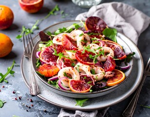 Tintenfischringe mit Blutorangensalat und Rucola