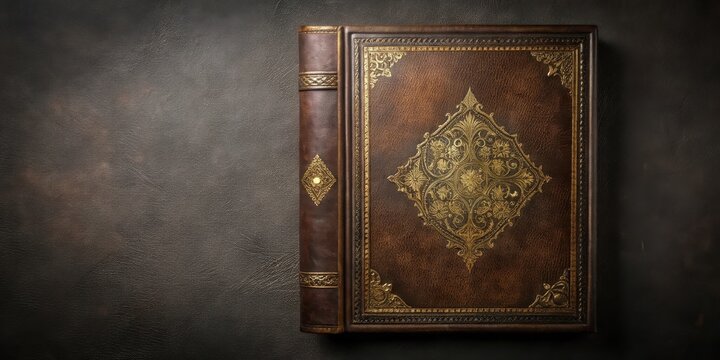 An antique leather-bound book with ornate gold detailing rests on a dark surface.  The rich brown leather and gilded accents suggest a volume of significant age and historical value.