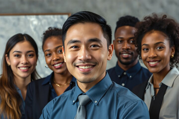 A group of professionals from different ethnic backgrounds stand together, smiling, in a modern office setting, likely a corporate team.