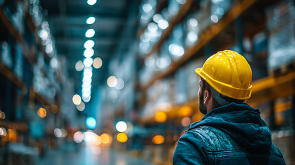 warehouse worker in safety helmet observing industrial environment shelves production equipment operation logistics management workplace safety inventory storage and manufacturing facility process