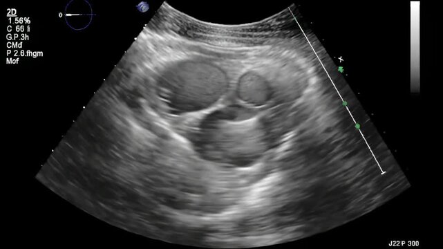 Medical ultrasound scan showing multiple large cysts in a human kidney, a diagnostic image for polycystic kidney disease analysis