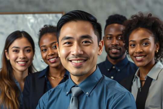 A group of professionals from different ethnic backgrounds stand together, smiling, in a modern office setting, likely a corporate team. - Powered by Adobe