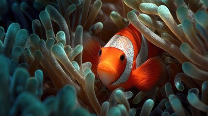 an underwater scene featuring a clownfish peeking out from between coral branches