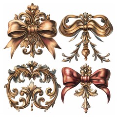 Watercolor baroque decorative bows and floral ornaments on white background